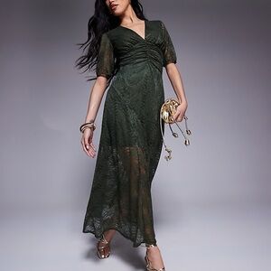 Asos Lace Midi Dress XS Green V Neck Fairycore Whimsigoth